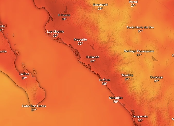 Temperaturas máximas pronosticadas para el mediodía de este lunes 16 de septiembre en Sinaloa. Las lluvias estarán ausentes y el calor topado hasta los 35º.