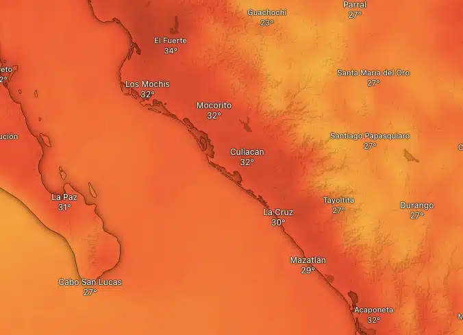 Temperaturas máximas pronosticadas para el mediodía de este lunes 16 de septiembre en Sinaloa. Las lluvias estarán ausentes y el calor topado hasta los 35º.