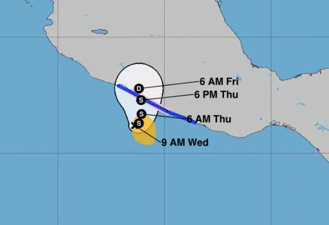 Ubicación y posible desplazamiento de la tormenta tropical John en el Pacífico