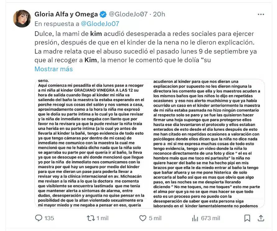 La denuncia de Justicia para Kim que circula en redes sociales