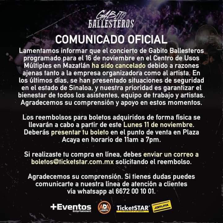 Gabito Ballesteros cancela su concierto en Mazatlán