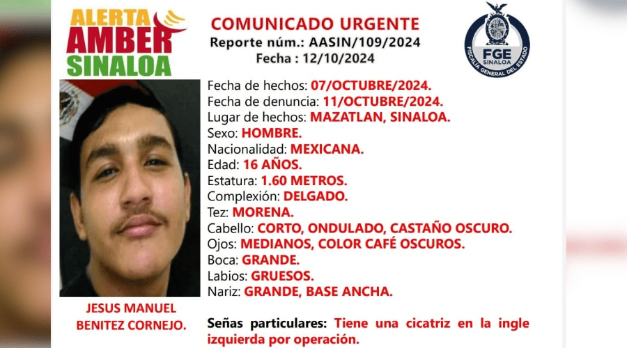 Emiten ficha de búsqueda de Jesús Manuel Benítez en Mazatlán