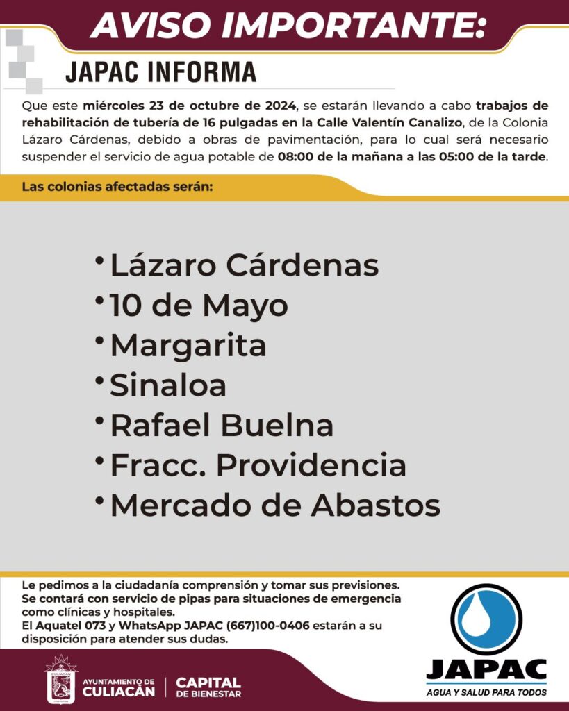 Aviso de la Junta de Agua Potable y Alcantarillado de Culiacán (Japac)