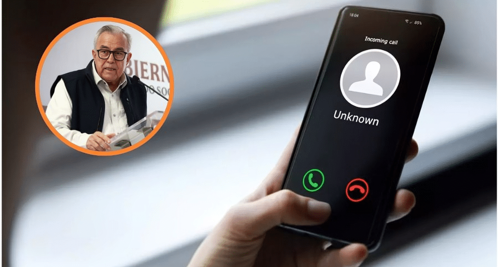 Rubén Rocha (circulo), celular con llamada de número desconocido (fondo)