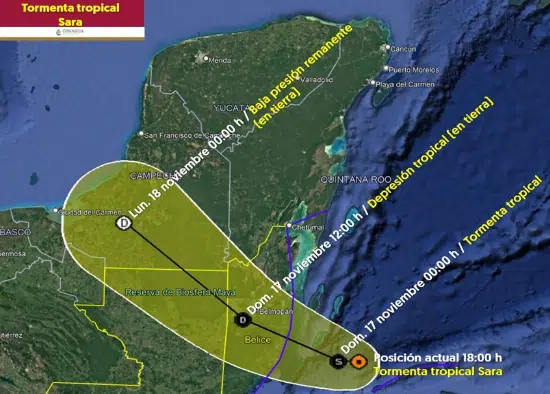 Trayectoria de la tormenta tropical Sara