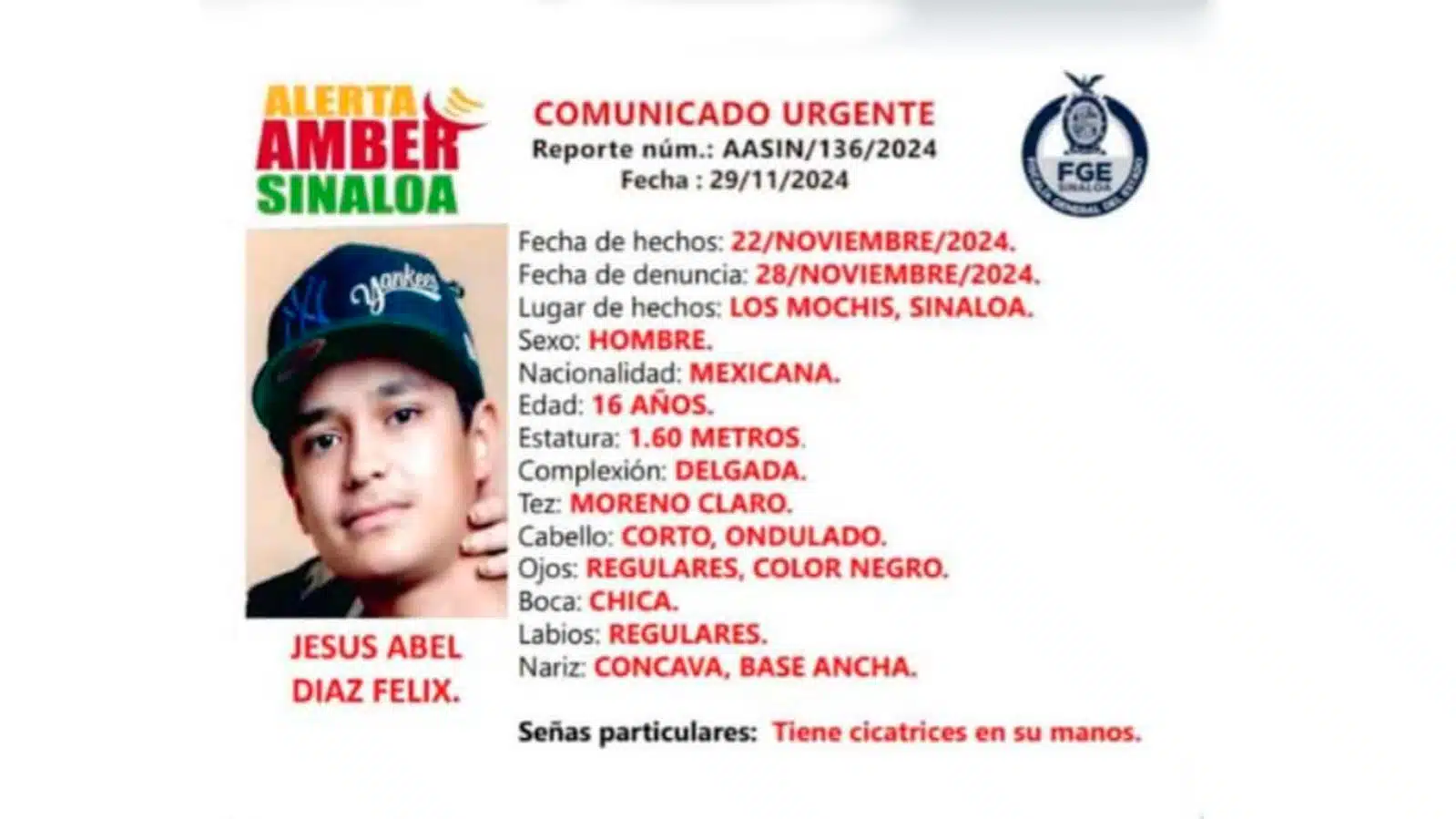 Emiten Alerta Amber para localizar a Jesús Abel, desaparecido en Los Mochis