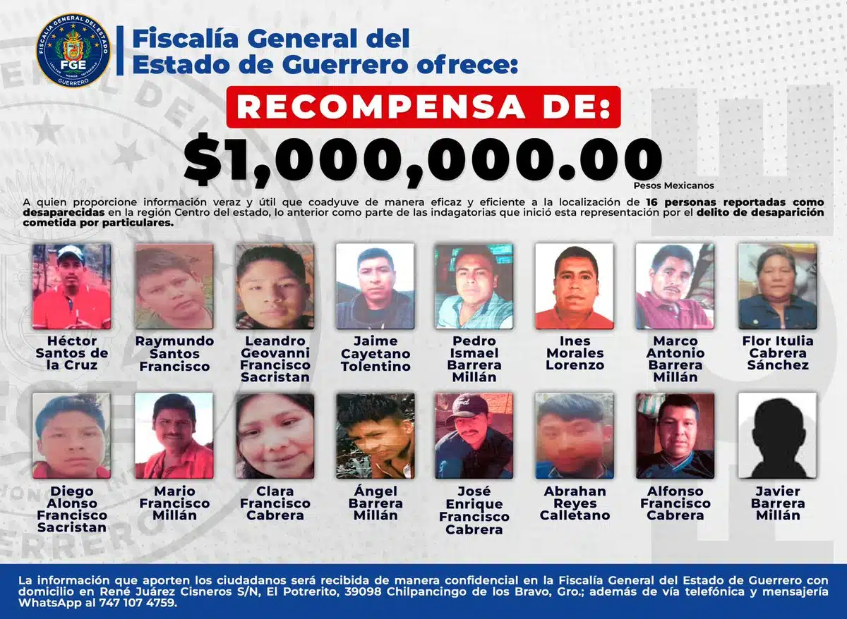 Fiscalía de Guerrero ofrece millonaria recompensa por 16 desaparecidos, entre ellos cuatro niños