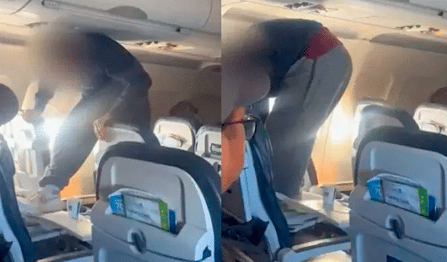 ¡Sin razón aparente! Hombre enfurece en pleno vuelo y destruye su asiento a patadas: VIDEO