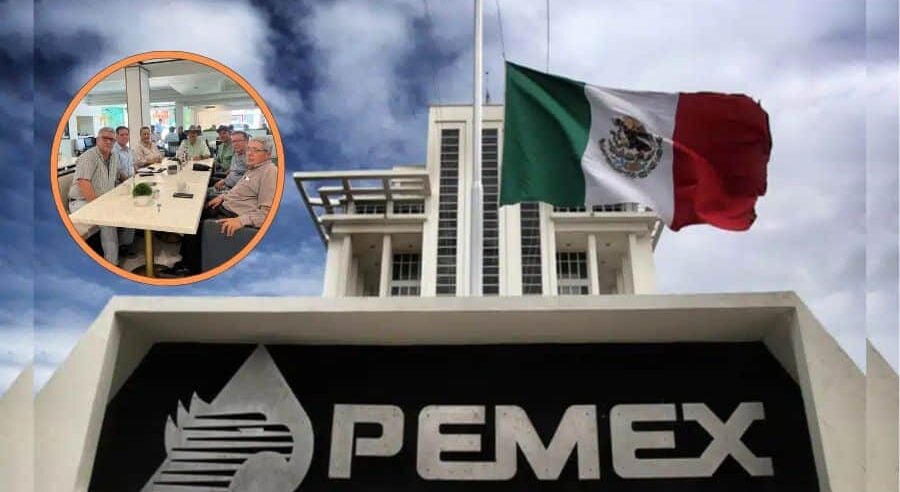 Trabajadores de Pemex (circulo), instalaciones de Pemex (fondo)