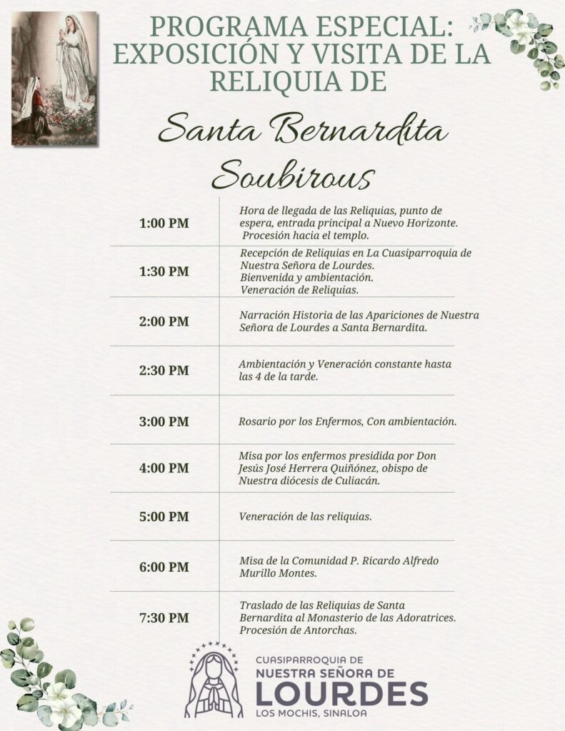 Programación de exposición y visita a las reliquias de Santa Bernadita