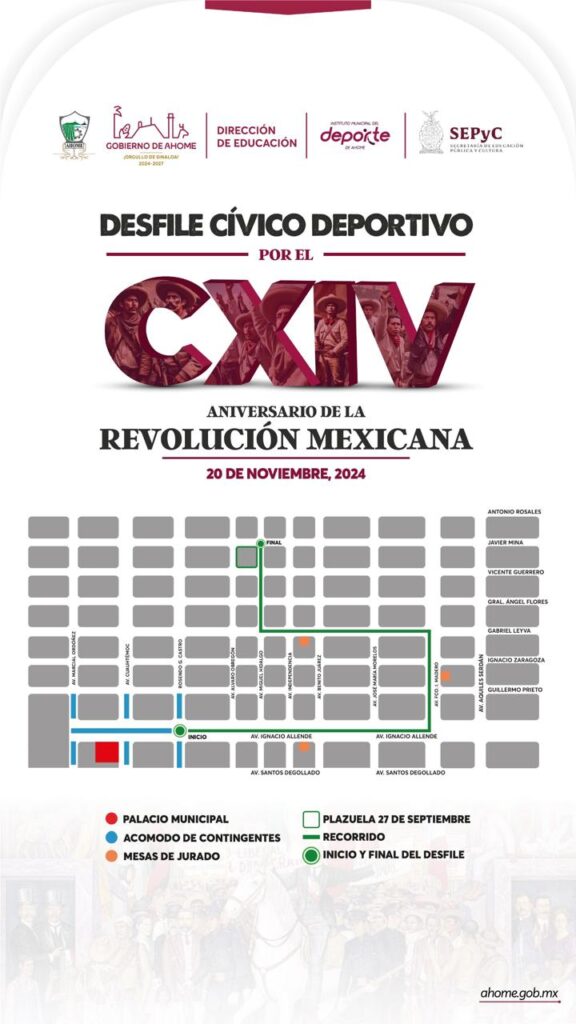 Mapa del recorrido entre las calles de Los Mochis por el aniversario de la Revolución Mexicana