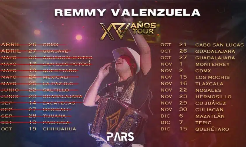 Calendario de todos los conciertos de Remmy Valenzuela de su gira "XV"