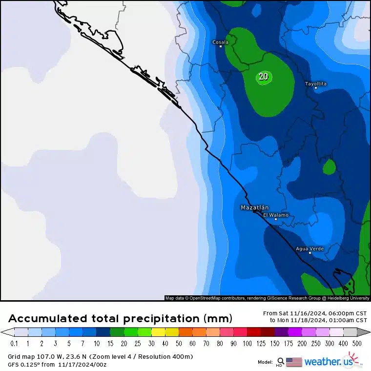 Imagen satelital que marca pronóstico de lluvias para Mazatlán