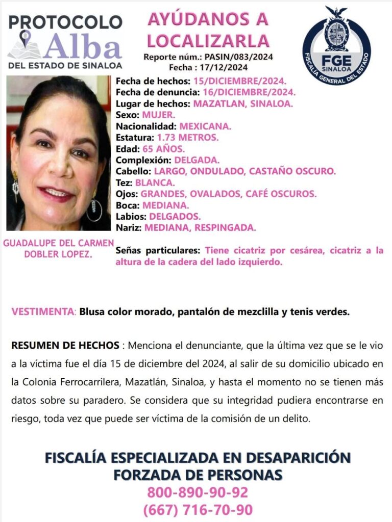 Comisión de Búsqueda y la Fiscalía emiten ficha de búsqueda de la doctora Dobler López en Mazatlán