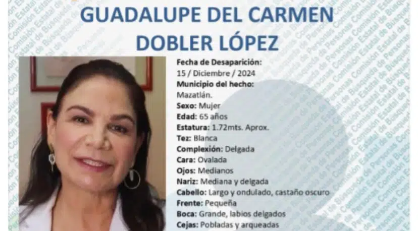 Comisión de Búsqueda y la Fiscalía emiten ficha de búsqueda de la doctora Dobler López en Mazatlán