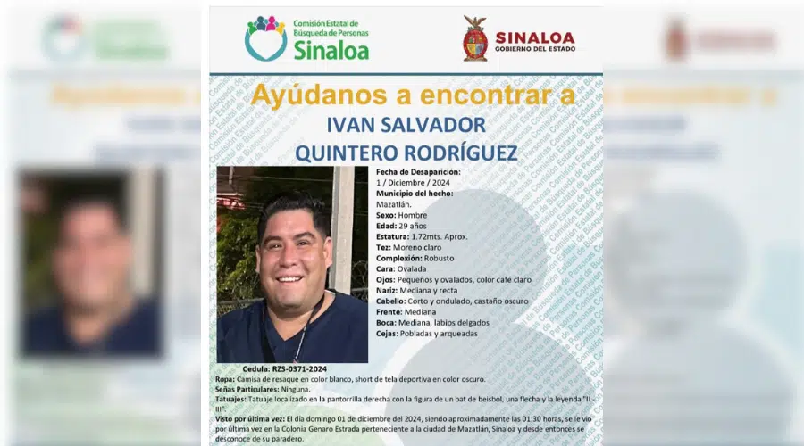 Ficha de localización a Iván Salvador Quintero Rodríguez, emitida por la Comisión Estatal de Búsqueda de Personas de Sinaloa