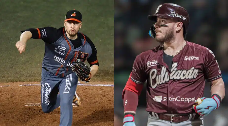 Imagen dividida entre un jugador de Naranjeros de Hermosillo (izquierda) y Tomateros de Culiacán (derecha)