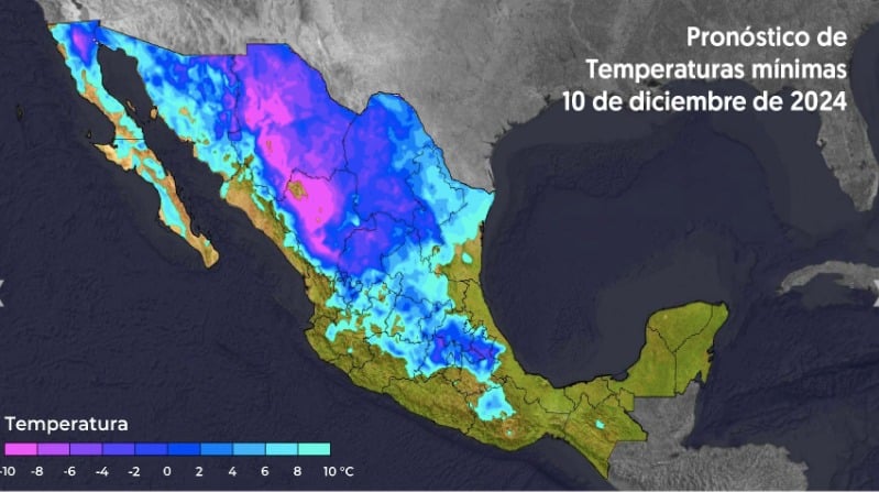 Mapa de temperaturas mínimas para este 10 de diciembre, publicado por el SMN