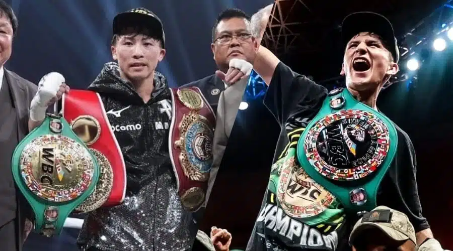 Imágenes de los boxeadores Naoya Inoue y David Picasso celebrando su triunfo en sus peleas anteriores