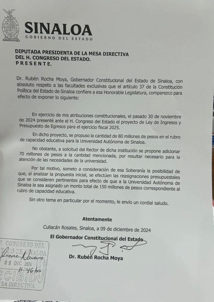 Rocha Moya propuso una reasignación presupuestal de 70 millones de pesos