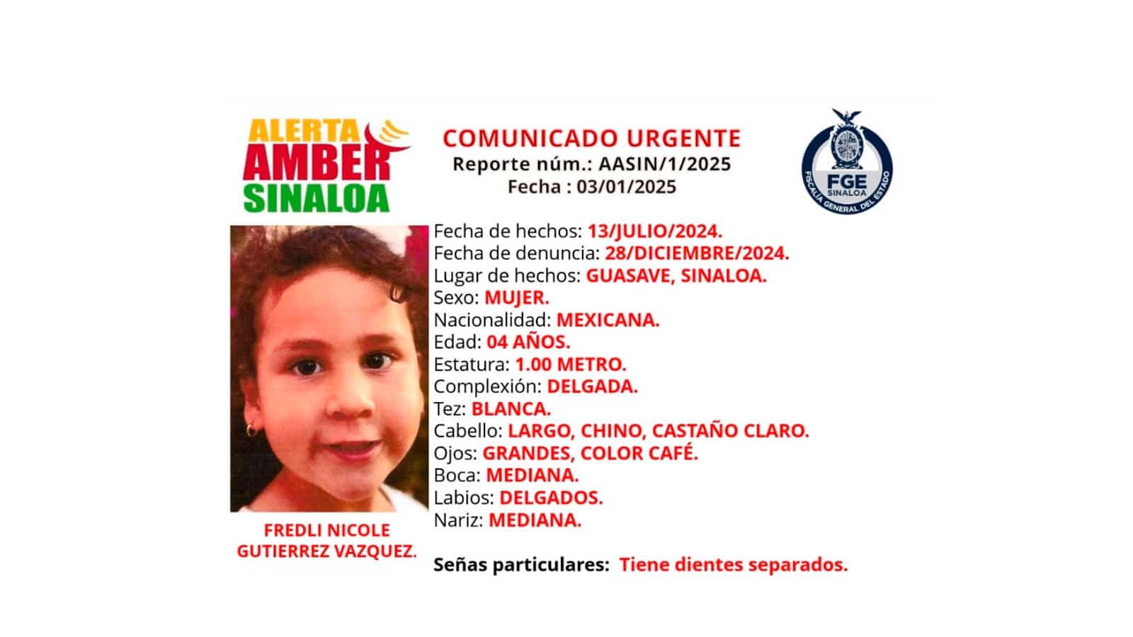 Activan Alerta Amber para localizar a Fredli Nicole