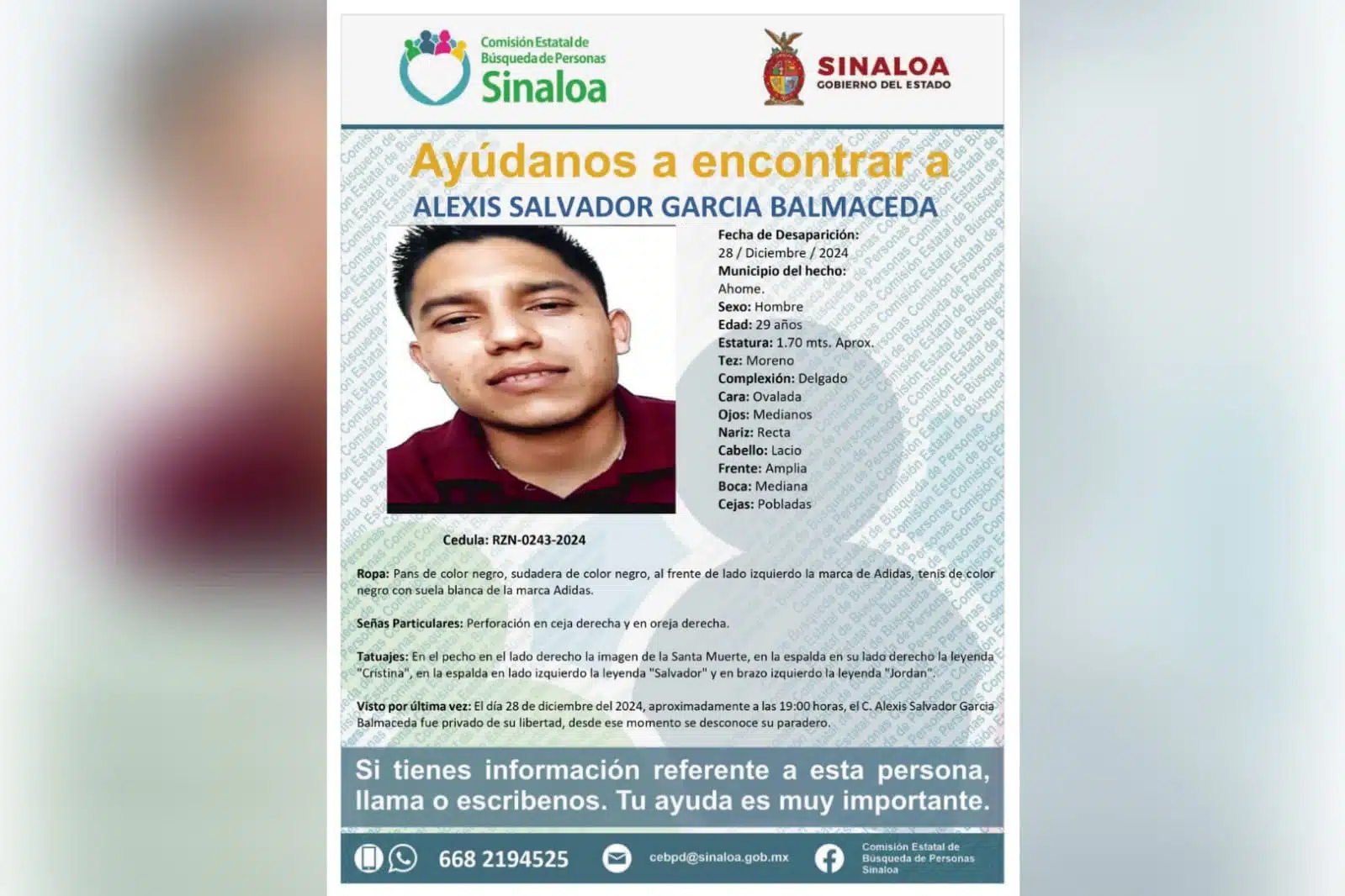 Alexis Salvador AHOME DESPARECIDO PRIVADO DE LA LIBERTAD