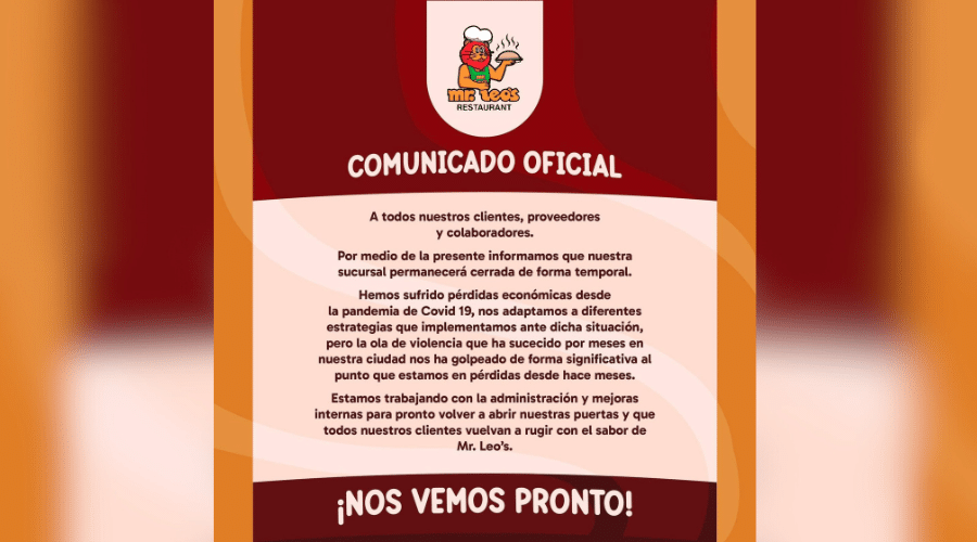 El restaurante Mr. Leo's publica un comunicado a través de redes sociales anunciando el cierre del establecimiento