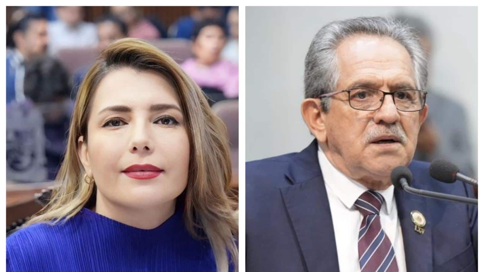 La legisladora del PAN, Roxana Rubio Valdez (izquierda), y el diputado de Morena, Manuel de Jesús Guerrero Verdugo (derecha), hablan en tribuna del congreso sobre la difusión de música de corridos en espacios públicos 