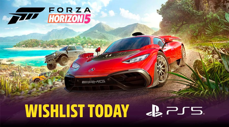 Gráfico promocional del próximo lanzamiento de Forza Horizon 5 en la consola PlayStation 5