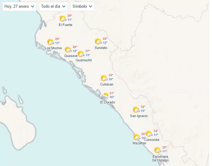 Pronóstico del clima en algunas zonas de Sinaloa este lunes 27 de enero.