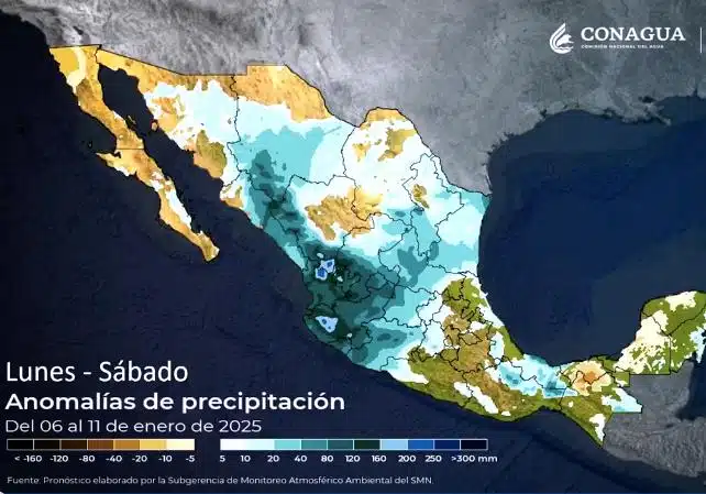 Proyección de anomalías positivas de precipitaciones se marcan para Sinaloa para la semana del 6 al 11 de enero de 2025. SMN