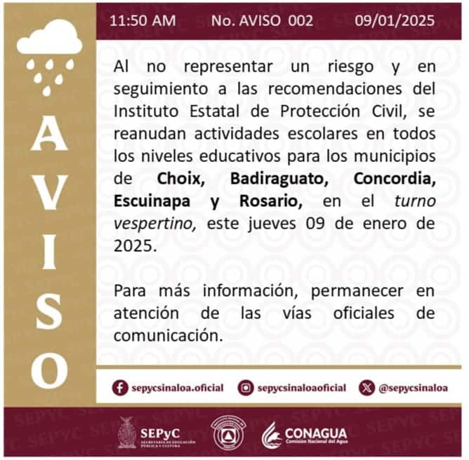 Se reanudan clases en el turno vespertino en los cinco municipios de Sinaloa