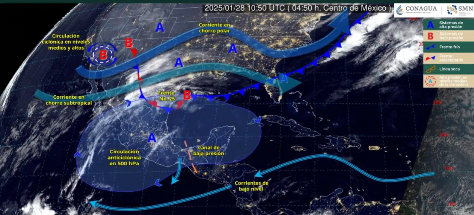 Sistemas meteorológicos activos este martes 28 de enero.