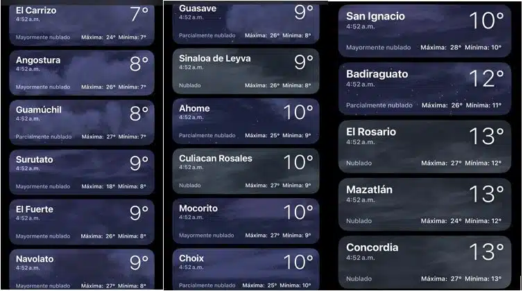 Temperaturas reportadas antes de las 500 horas en Sinaloa hoy 20 de enero. The Weather Channel.