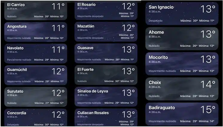 Temperaturas reportadas antes de las 500 horas en Sinaloa hoy 23 de enero. The Weather Channel.