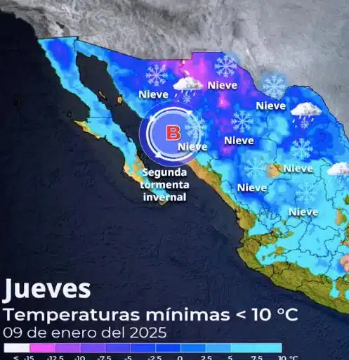 Así se marca el desplazamiento de la segunda tormenta invernal de la temporada, a partir del jueves sobre el norte de Sinaloa. También se presenta el acumulado de lluvias y anomalías positivas que va