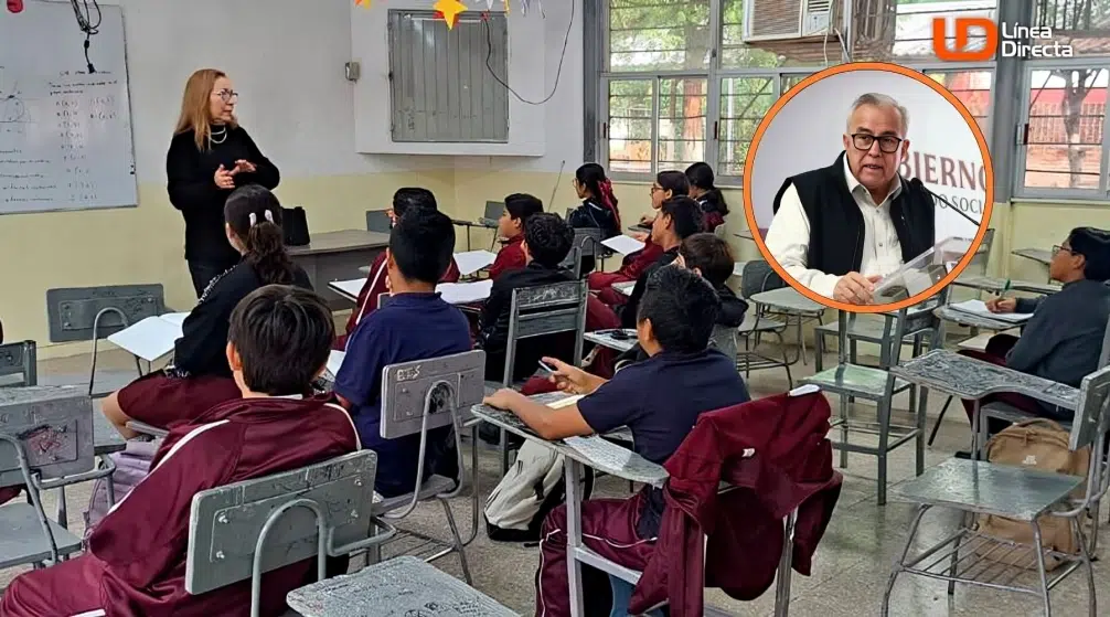 Alumnos en escuela, gobernador de Sinaloa (circulo)