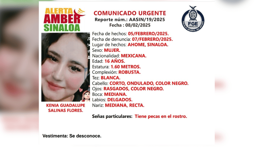 Activan Alerta Amber por desaparición de Kenia Guadalupe en Los Mochis