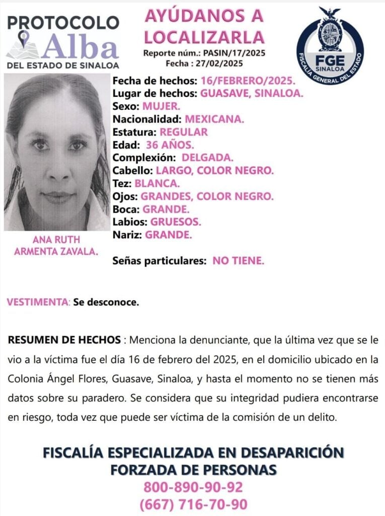 Ficha de búsqueda de Ana Ruth Armenta Zavala.