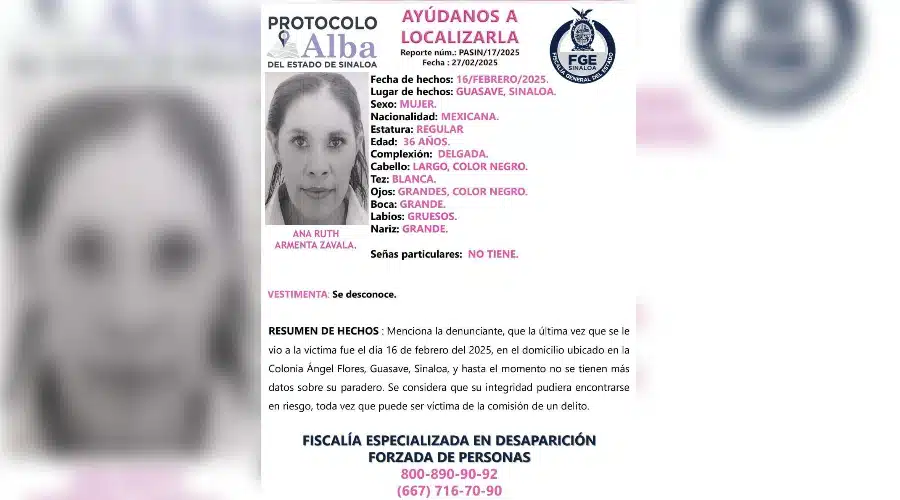 Ficha de búsqueda de Ana Ruth Armenta Zavala.