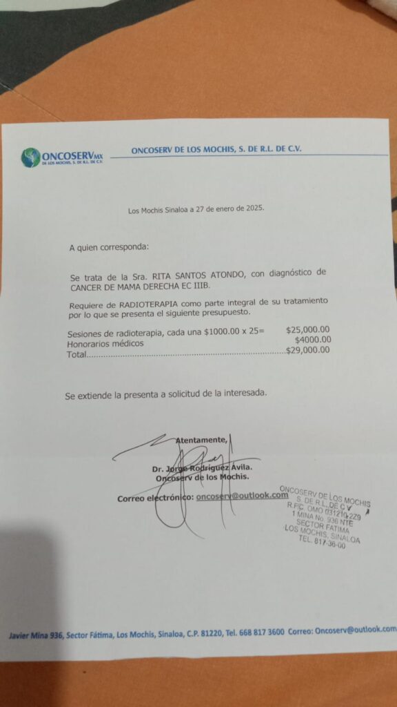 Rita tiene cáncer mama y pide apoyo para completar 14 mil pesos que le faltan para recibir radioterapias