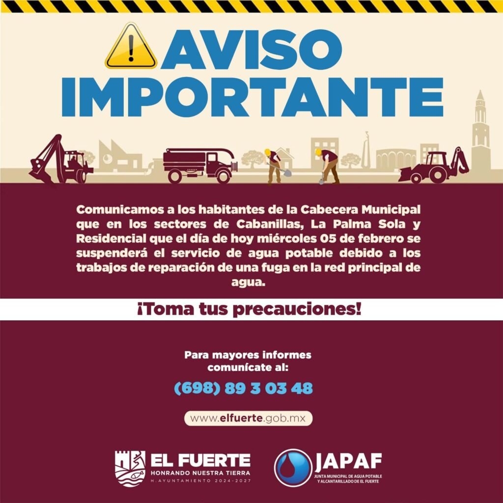 Aviso de la Junta Municipal de Agua Potable y Alcantarillado de El Fuerte.