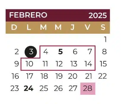 Calendario escolar SEP para el mes de febrero de 2025