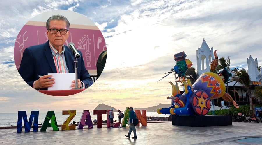 Feliciano Castro Meléndrez (circulo), malecón de Mazatlán (fondo)