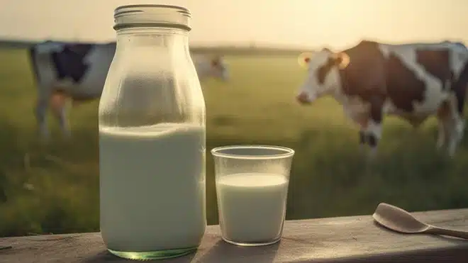 Recipientes con leche y al fondo un par de vacas en el campo.