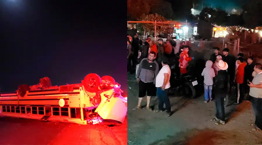 Autobús de transporte de jornaleros que volcó en la carretera México 15 a la altura de Ruiz Cortínez