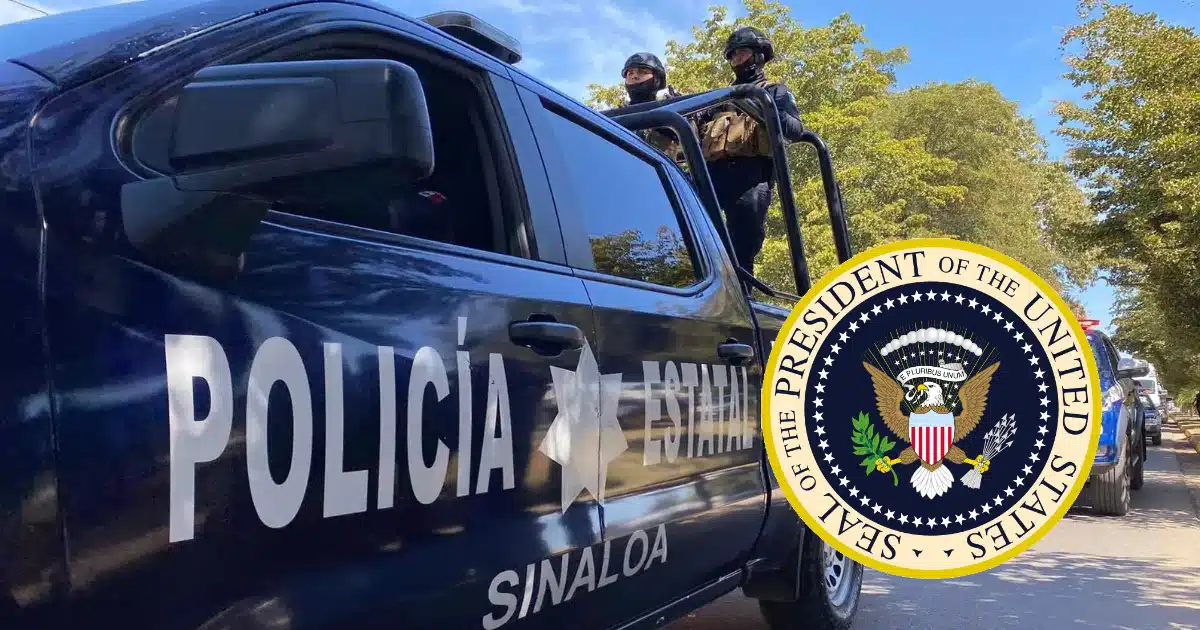 Policía Estatal de Sinaloa y un logo del gobierno de Estados Unidos.