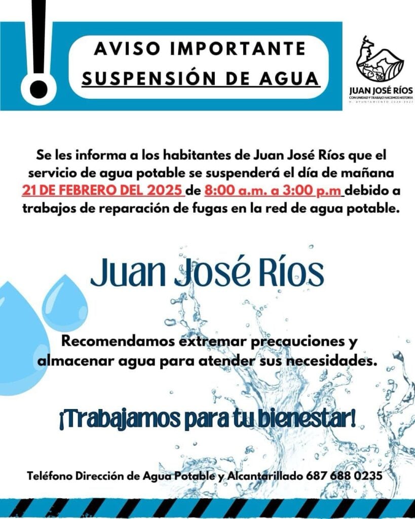 Aviso de la Junta de Agua Potable y Alcantarillado de Juan José Ríos