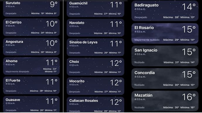 Temperaturas registradas hasta antes de las 500 horas de este 12 de febrero en Sinaloa, 