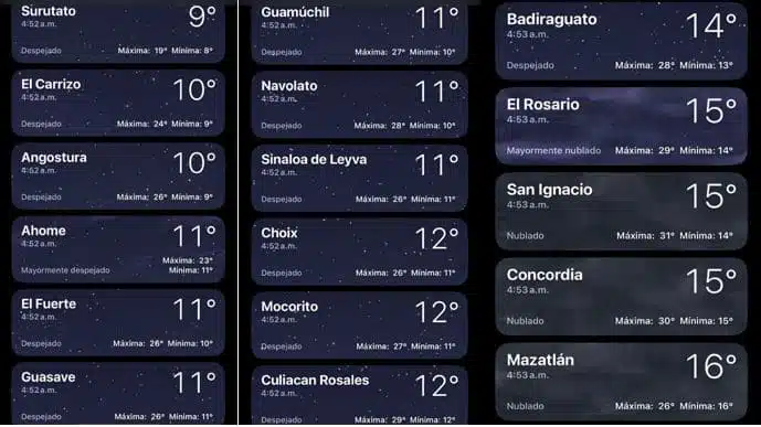 Temperaturas registradas hasta antes de las 500 horas de este 12 de febrero en Sinaloa, 